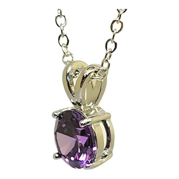 Rhodium Plated Silver 2ct Round Amethyst Solitaire Pendant 16-18" Rolo Chain - Picture 4 of 6
